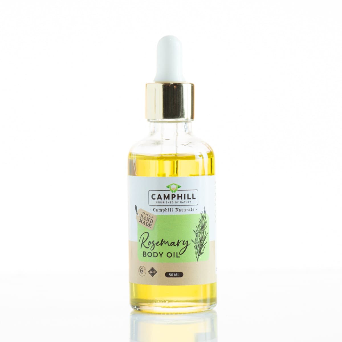 A 50ml glass dropper bottle of Camphill Rosemary Body Oil.