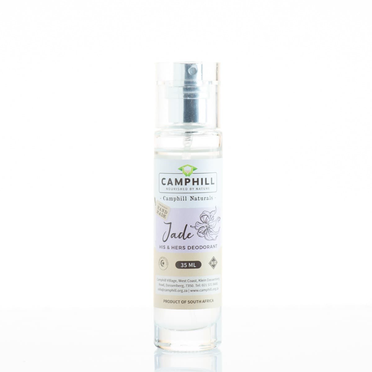 A 35ml clear spray bottle of Camphill Jade his and hers deodorant.