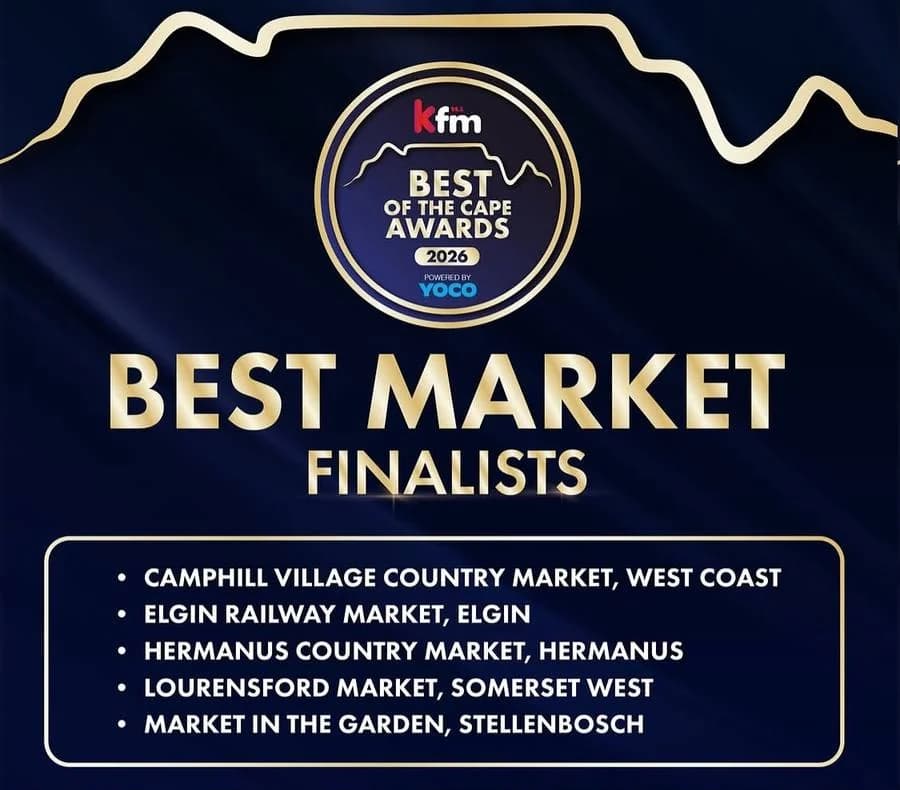 KFM Best of the Cape Awards 2026 graphic, headed Best Market Finalists, listing five markets with Camphill Village Country Market, West Coast first