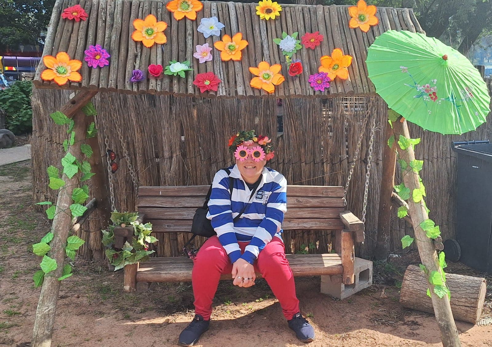 Residents on spring themed bench